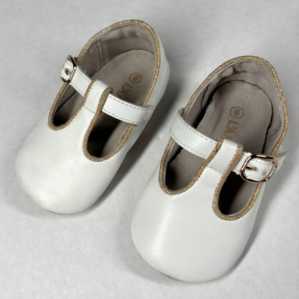 L'Amour White Leather T-Strap Toddler 4 Shoes Gold‎ Glitter Trim 3533 GUC